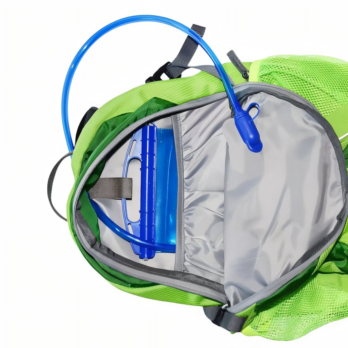 The hydration bladder inside a green backpack with the tube running out over the shoulder strap