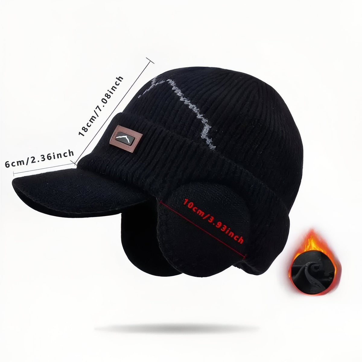 Black peaked beanie marked 18 cm crown, 6 cm peak and 10 cm ear flap, with an inset of the plush lining