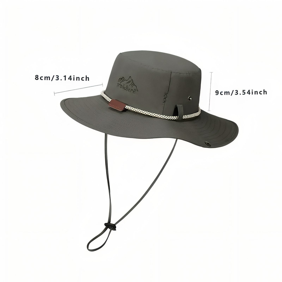 Olive green hiking hat marked 8 cm brim width and 9 cm crown height