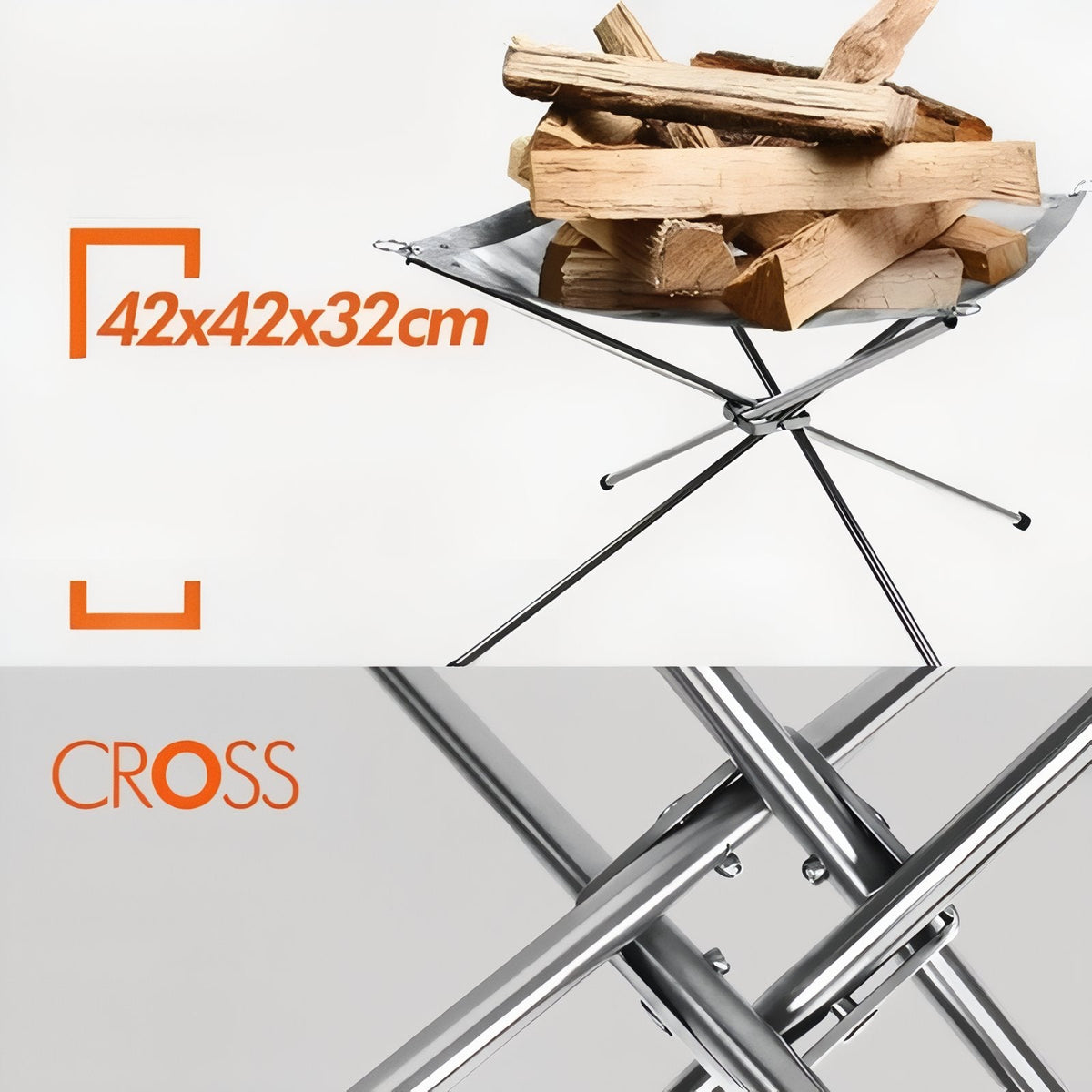 Fire pit with logs, marked 42 x 42 x 32 cm, and a close-up of the crossed legs