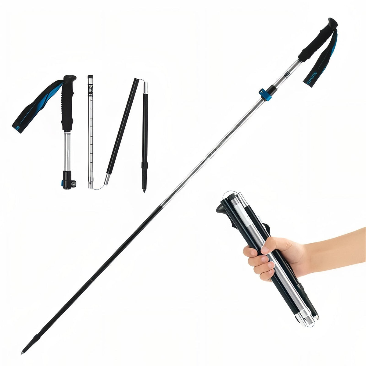 Silver folding trekking pole extended, with its sections laid out and a folded pole held in one hand