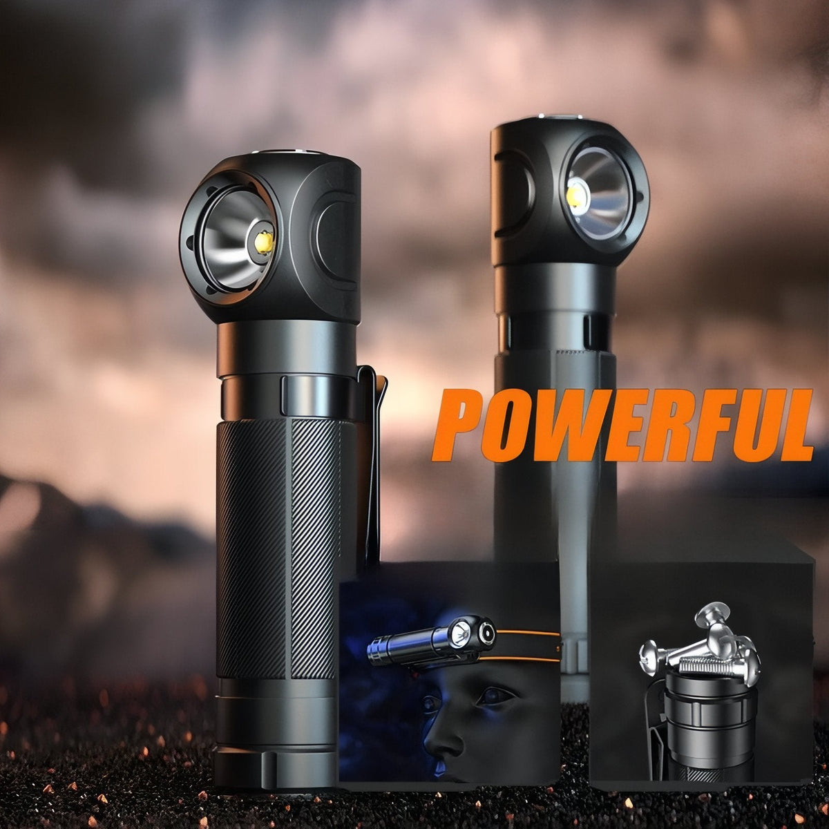 Two black right-angle torches standing upright, with insets of the torch on a headband and the magnetic tail holding steel screws