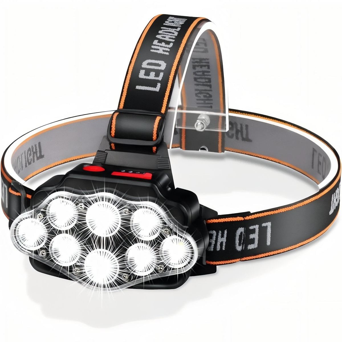 Black rechargeable LED headlamp with its LEDs lit, on an elastic black and orange head strap with a crown strap