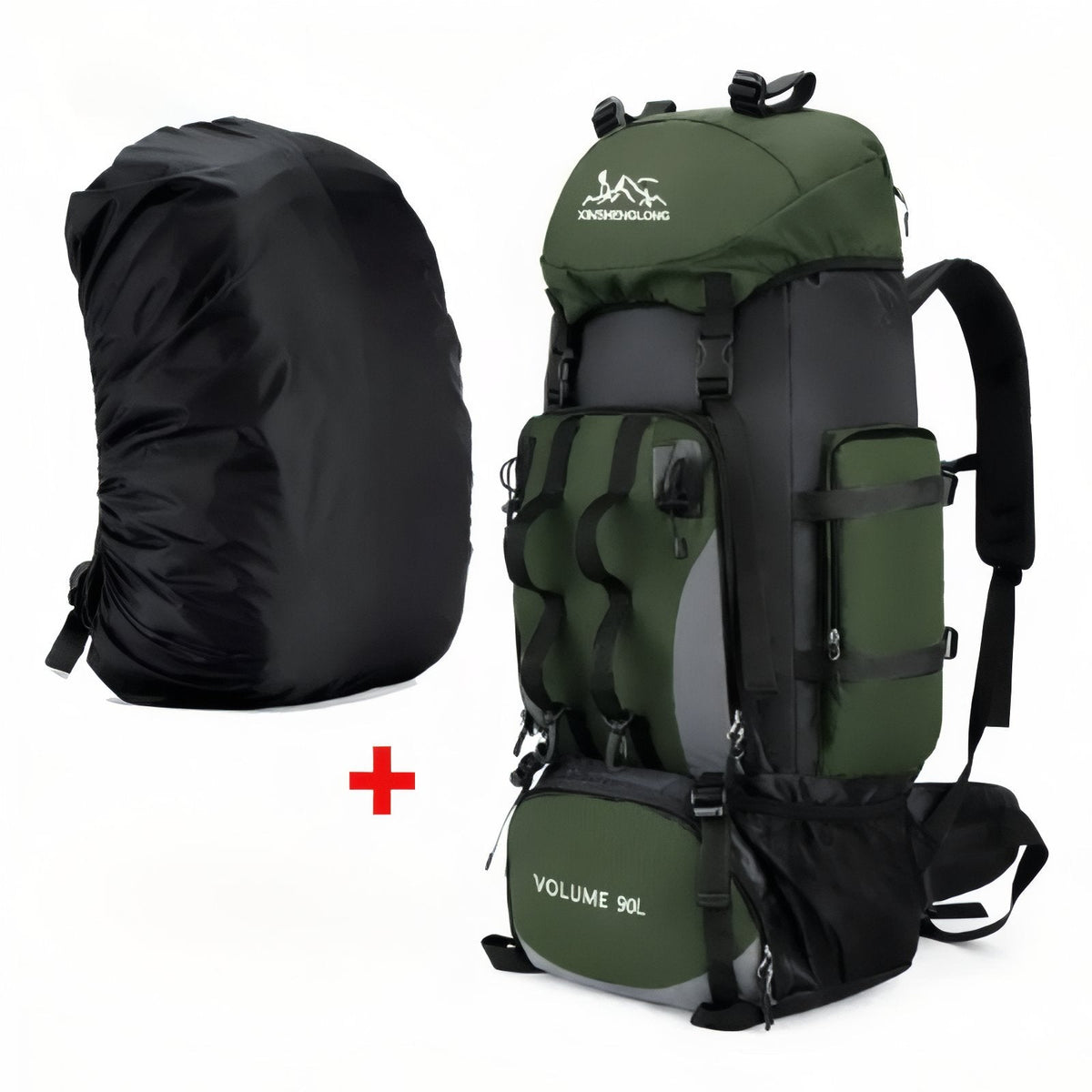 Army green 90 L hiking backpack beside its black pull-over rain cover