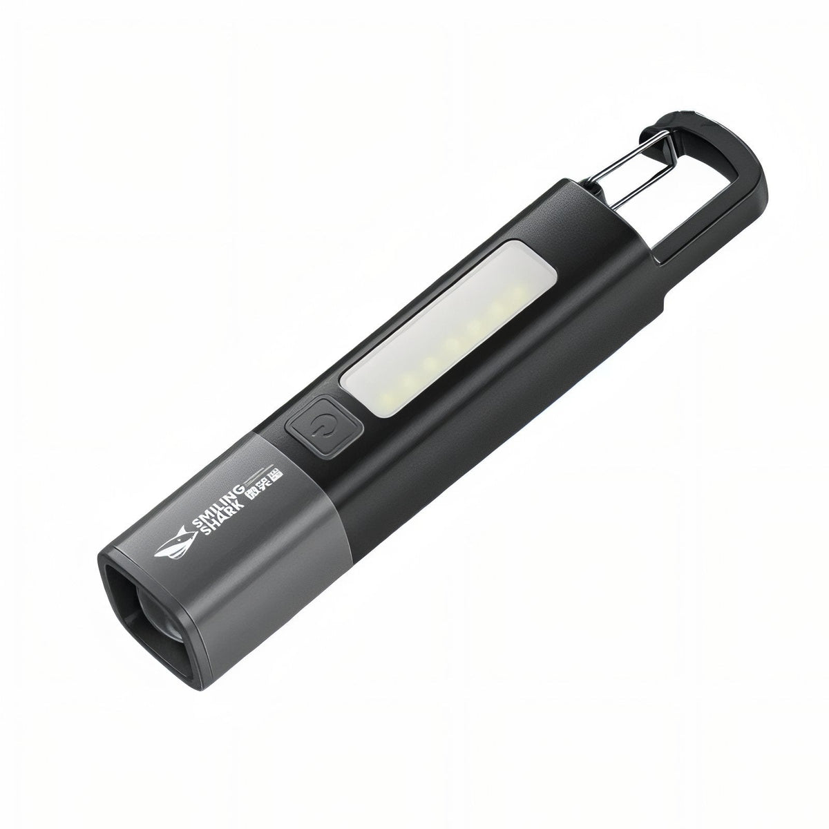 Black rechargeable torch with a COB side light panel and a carabiner hook