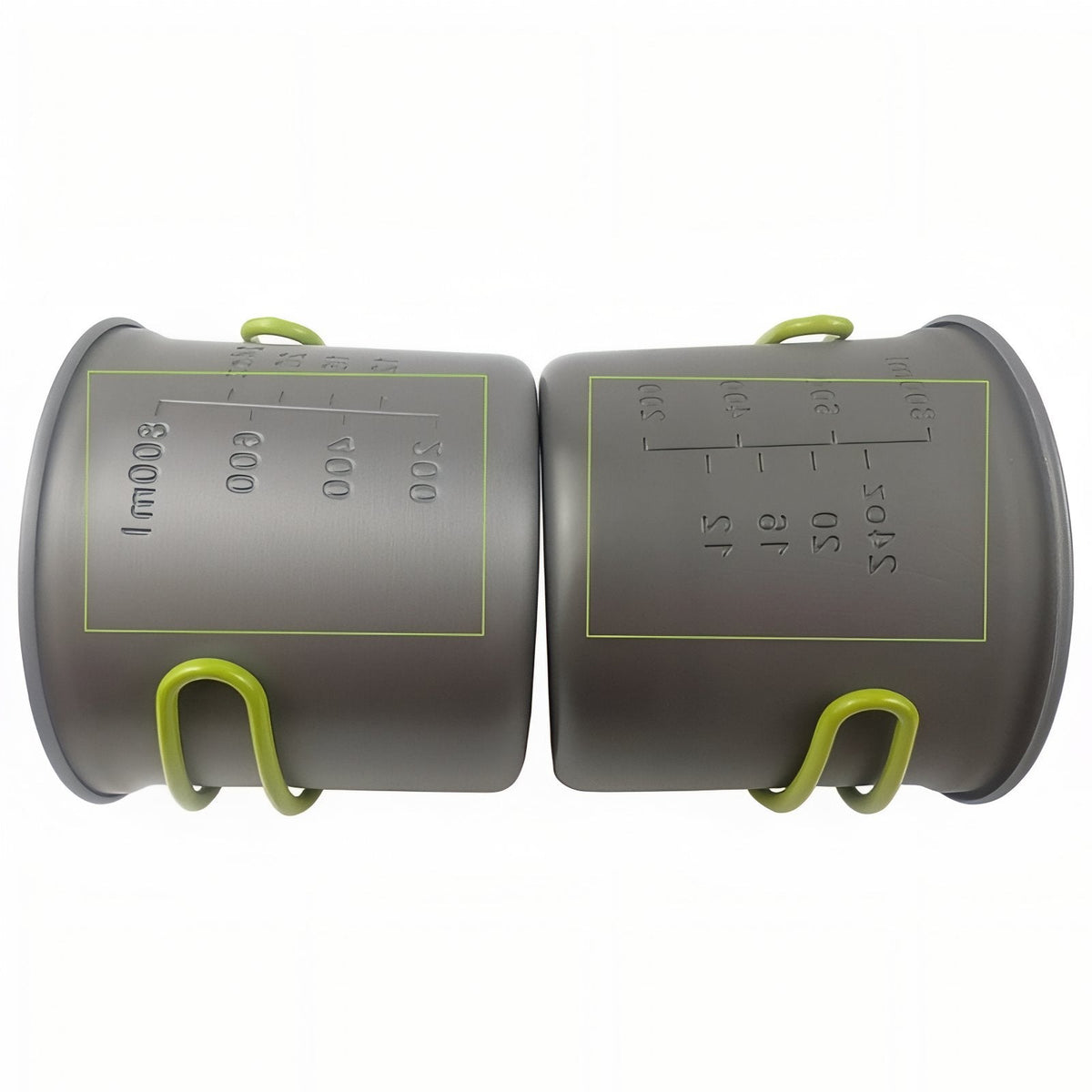 The two grey pots side by side showing the printed volume scales on their sides