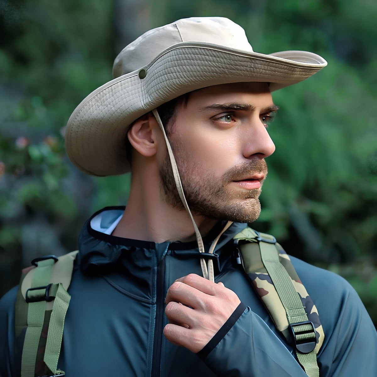 Man with a backpack wearing the beige wide brim hat, chin strap under his jaw