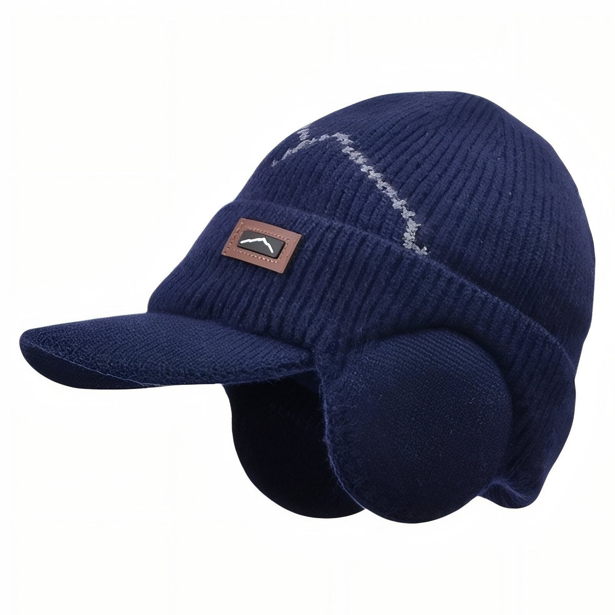 Navy blue knitted peaked beanie with round ear flaps and a grey contrast line