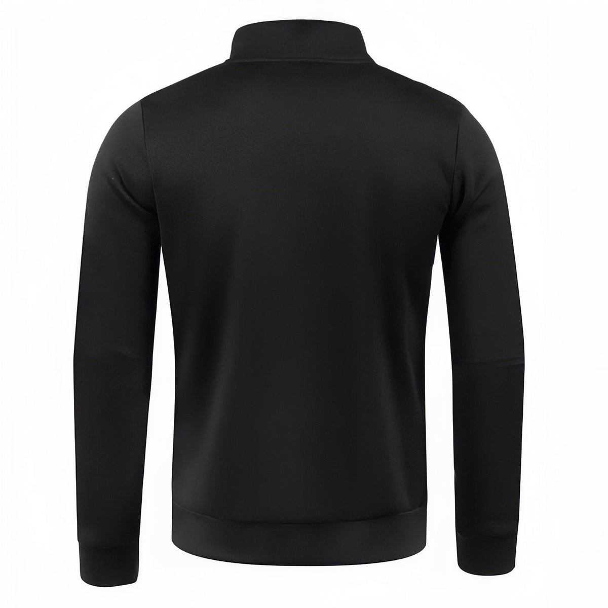 Back view of the black quarter-zip pullover with its stand collar and ribbed hem