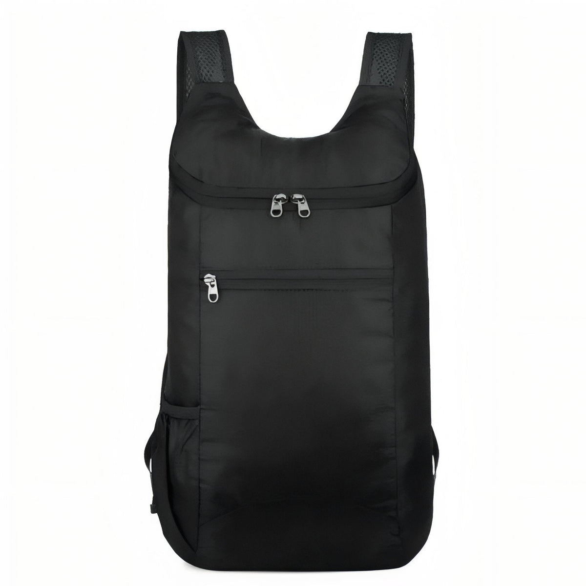 All-black packable daypack, front view