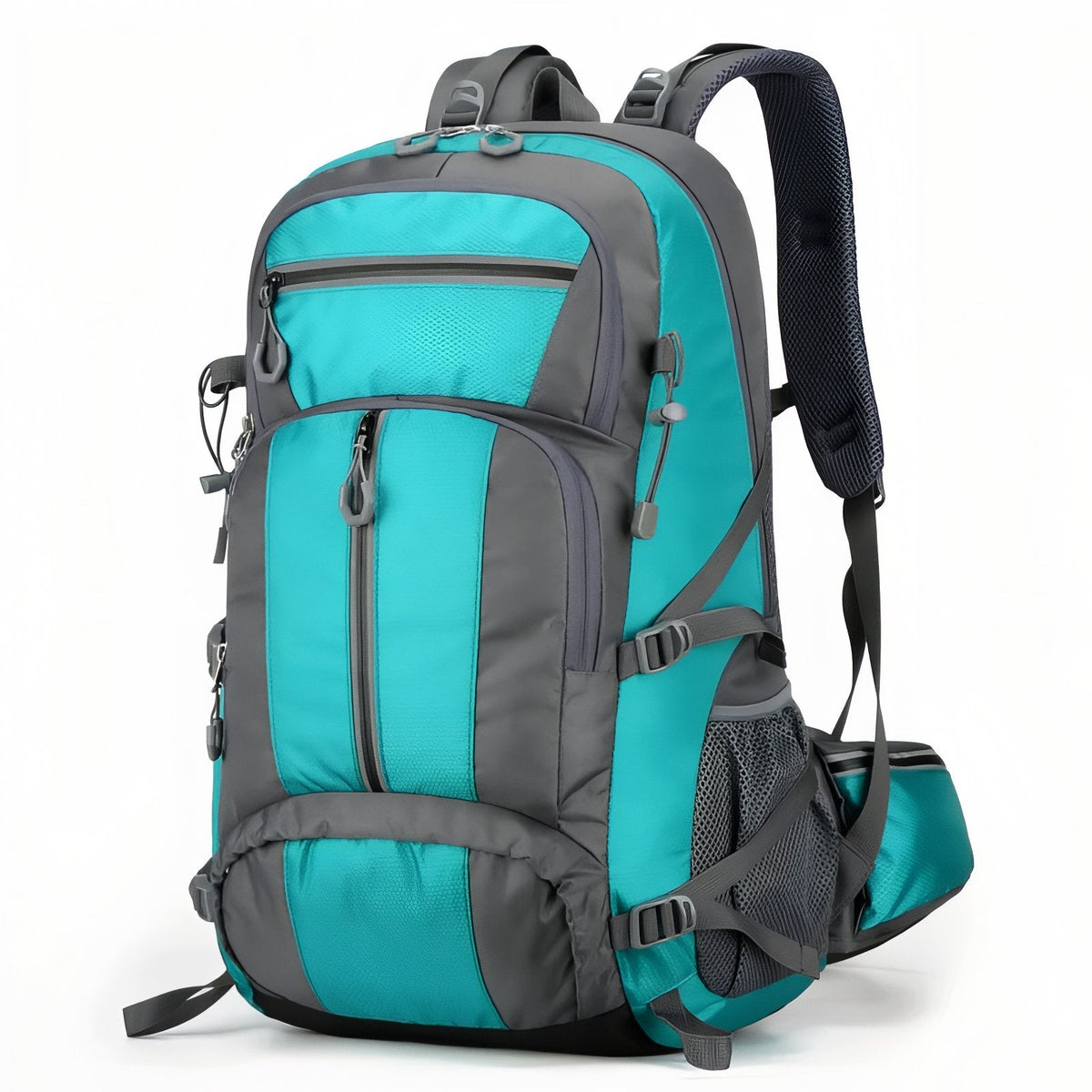 Turquoise and grey hiking backpack, front three-quarter view with hip belt