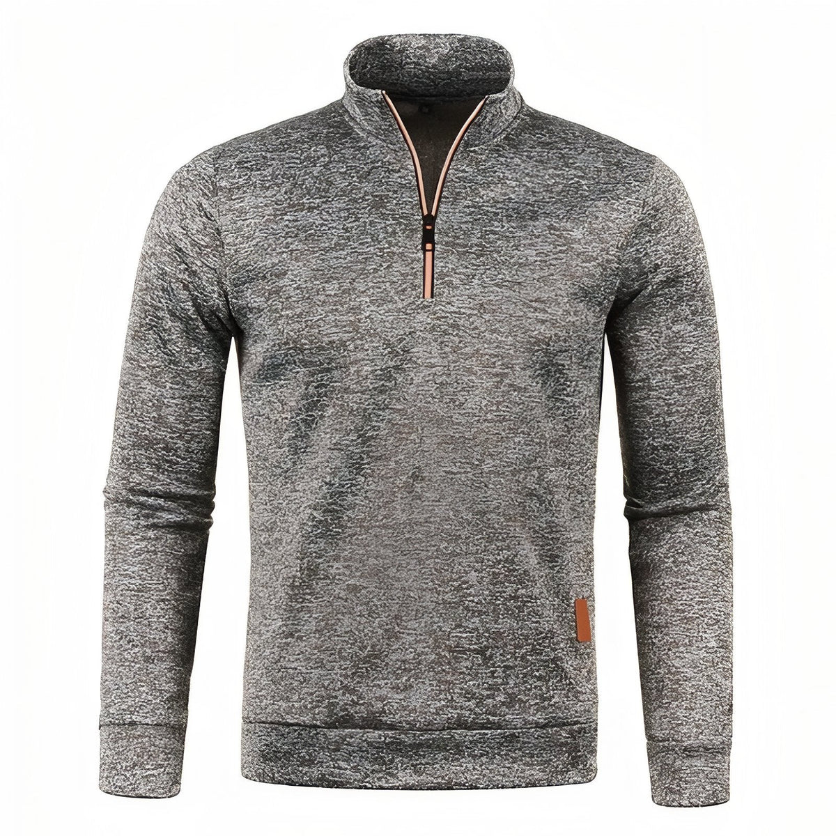 Coffee brown heathered men's quarter-zip pullover with orange zip piping, front view