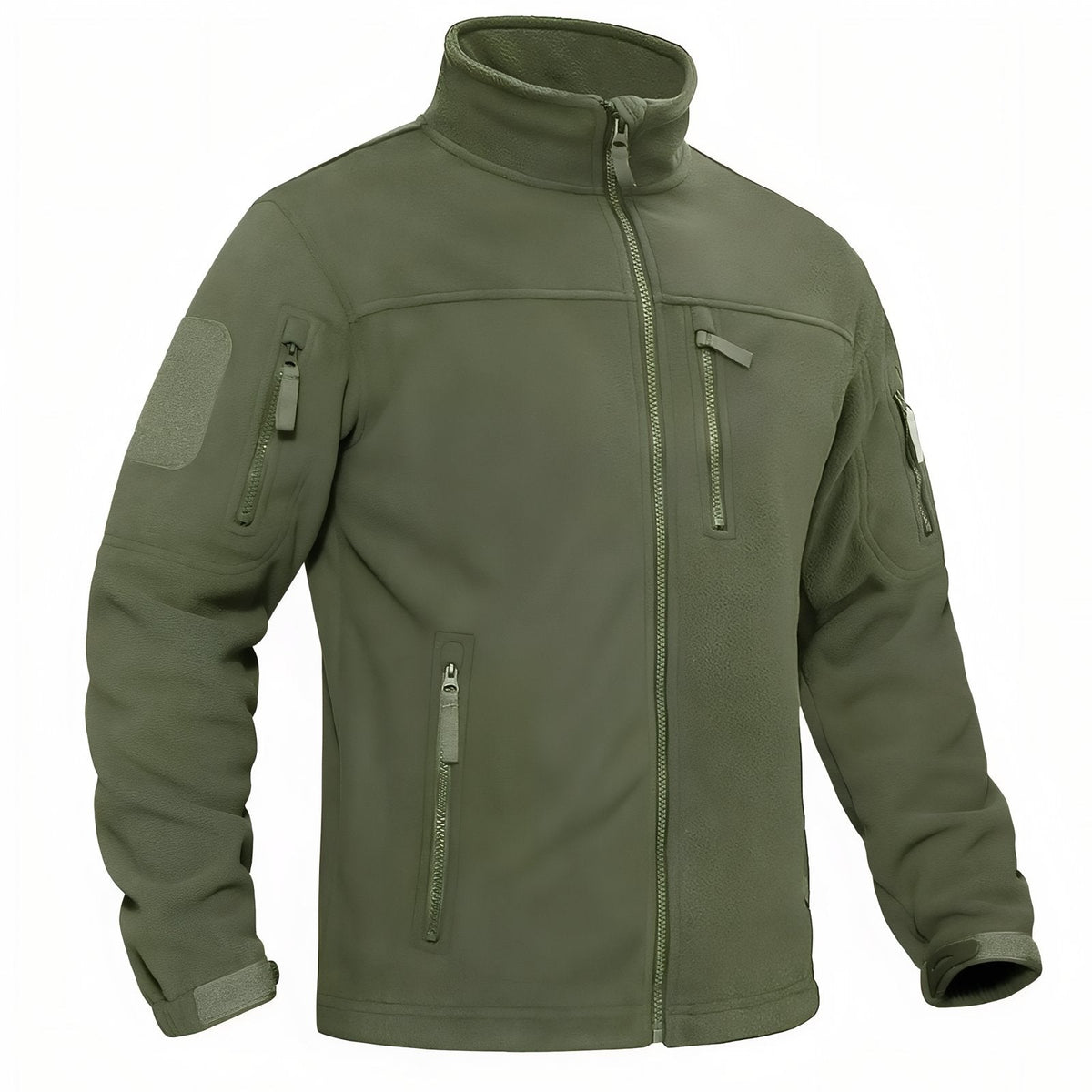 Olive green men's tactical fleece jacket with stand collar, chest zip pocket and zipped sleeve pockets