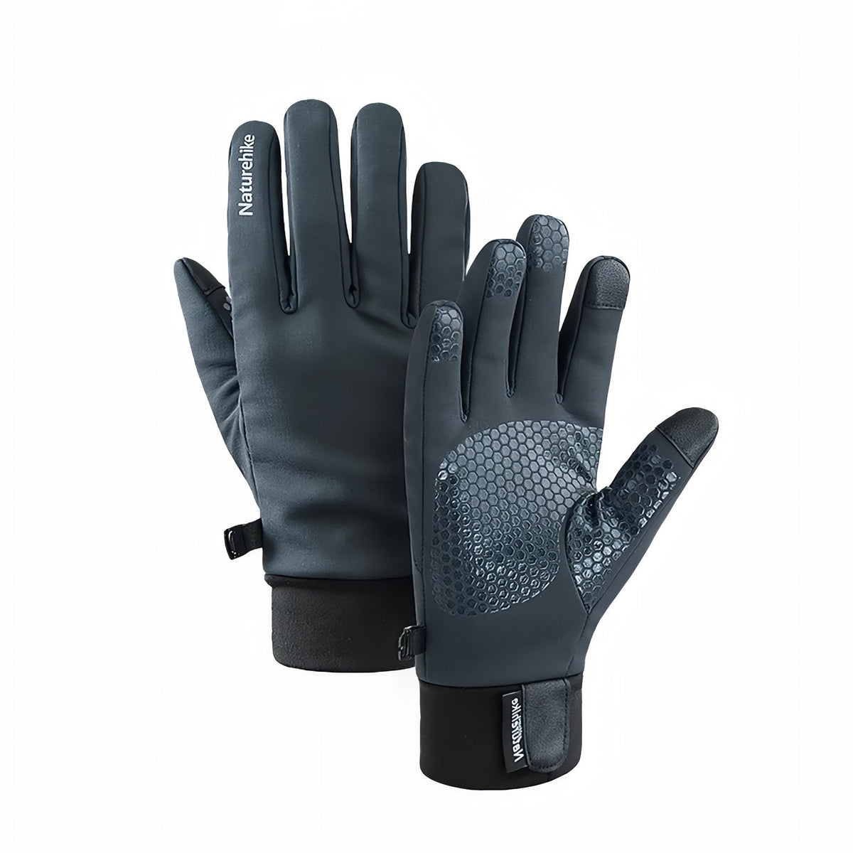 Pair of slate grey hiking gloves with a honeycomb silicone grip, touchscreen tips and black stretch cuffs
