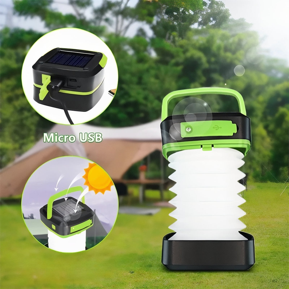 Green and black lantern outdoors with close-ups of its solar panel and handle