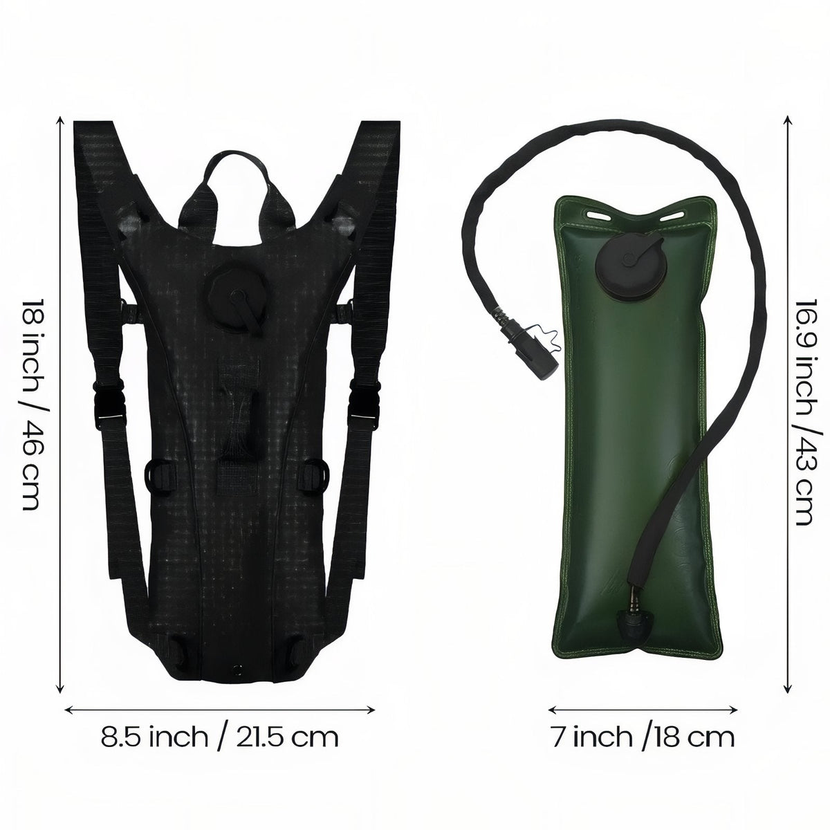 Black hydration pack marked 46 cm tall and 21.5 cm wide beside its bladder marked 43 by 18 cm