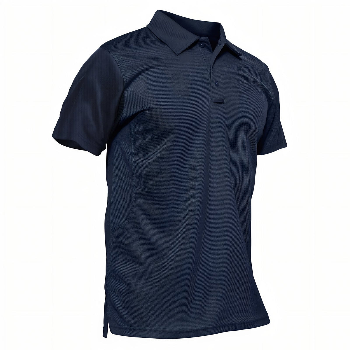 Men's navy blue short-sleeved hiking polo shirt seen from the front at an angle