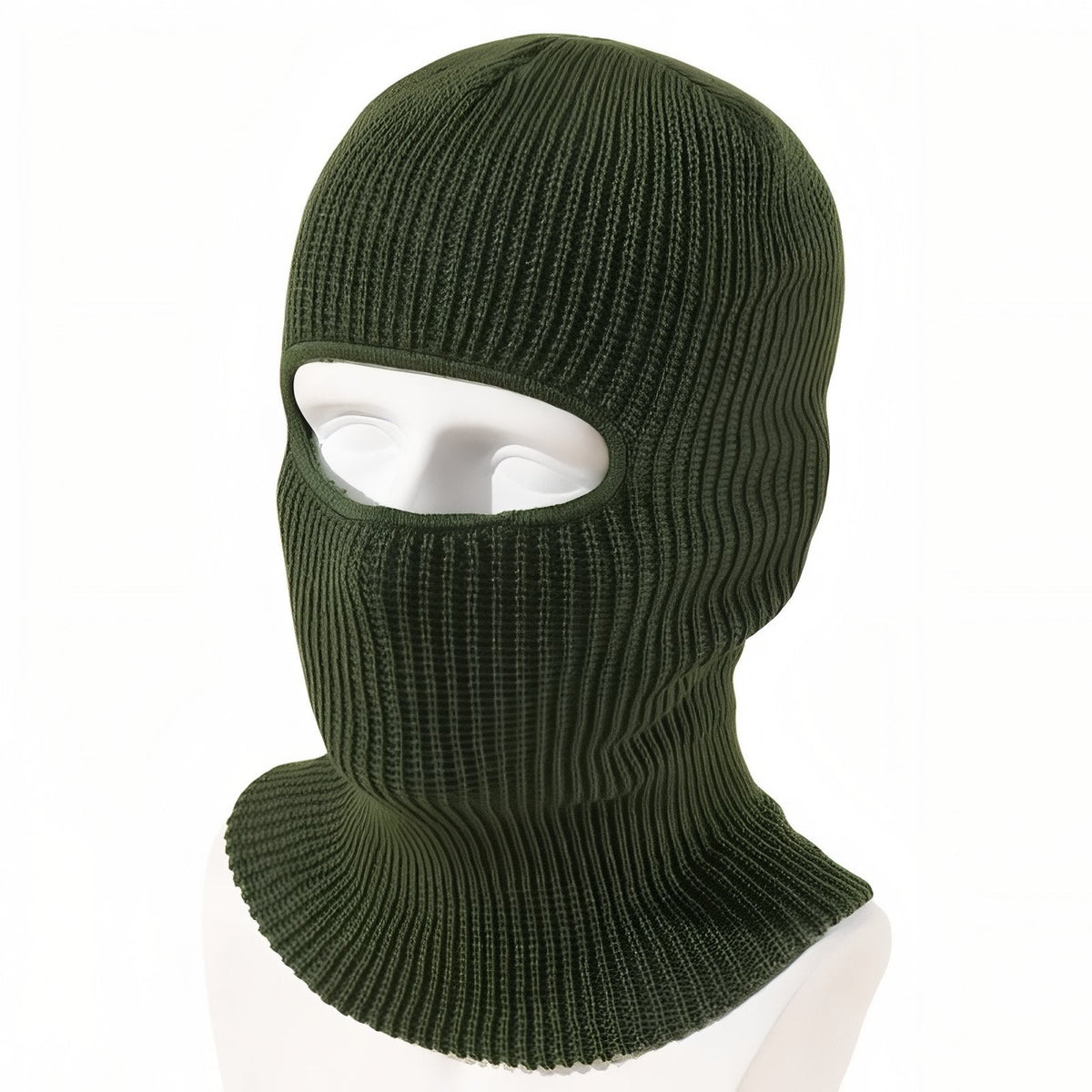 Olive green rib-knit winter balaclava on a white mannequin head