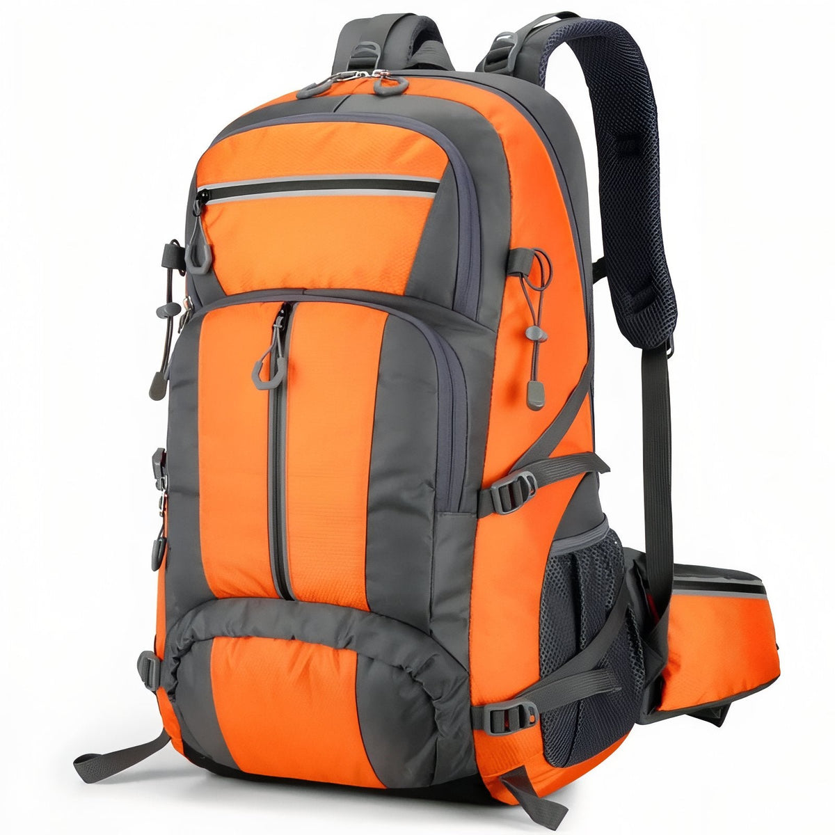 Orange and grey hiking backpack, front three-quarter view