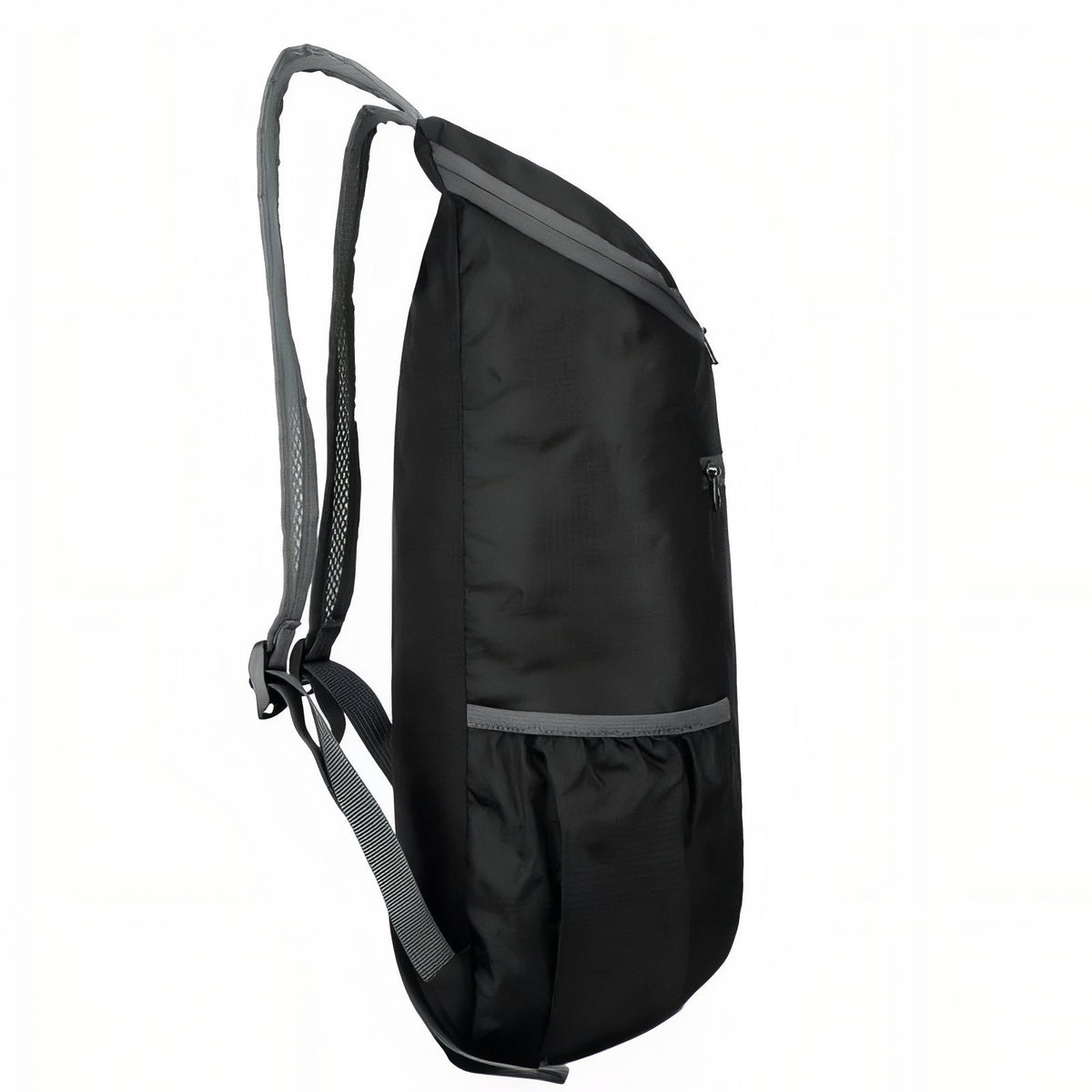 Side view of the black daypack with its mesh side pocket and shoulder strap
