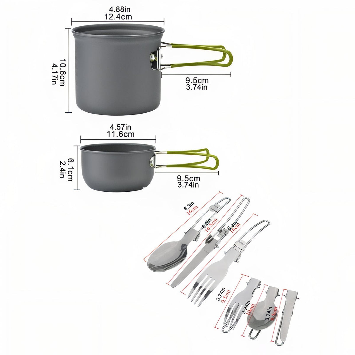 Dimension drawing of the two pots, 12.4 x 10.6 cm and 11.6 x 6.1 cm, with 9.5 cm handles, and the folding cutlery