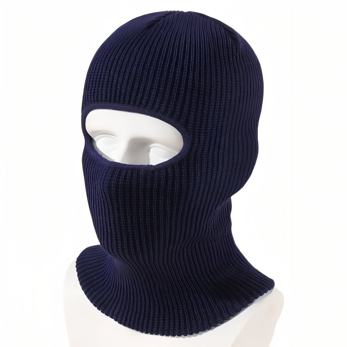 Navy blue rib-knit winter balaclava on a white mannequin head