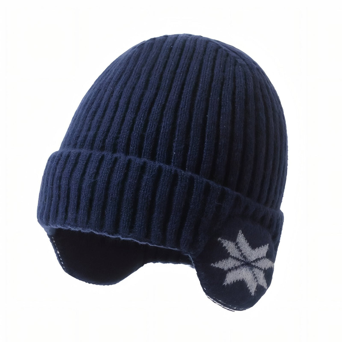 Navy blue ribbed knit beanie with a turn-up cuff and ear flaps knitted with a white snowflake