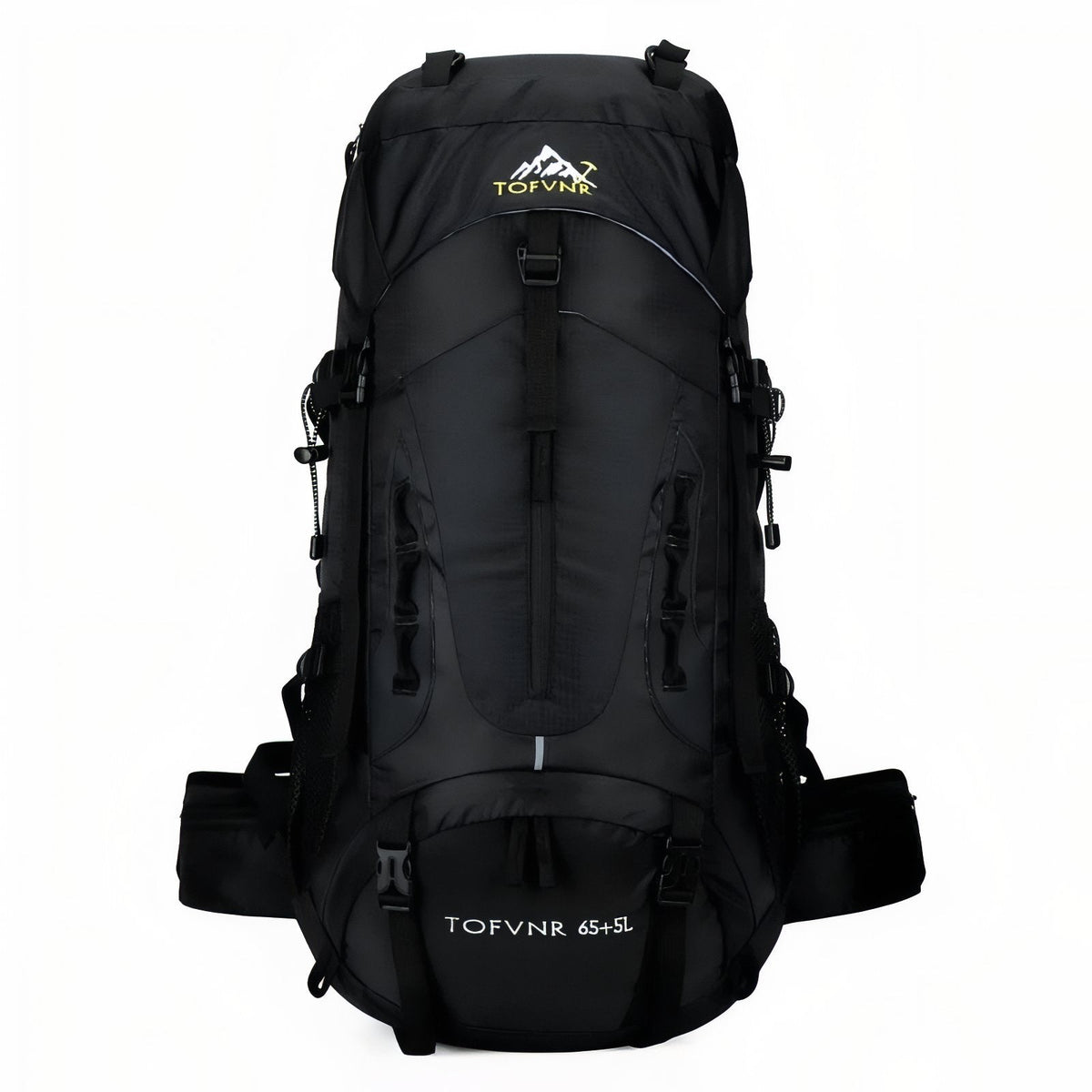 Black hiking backpack with grey straps and hip belt, front view