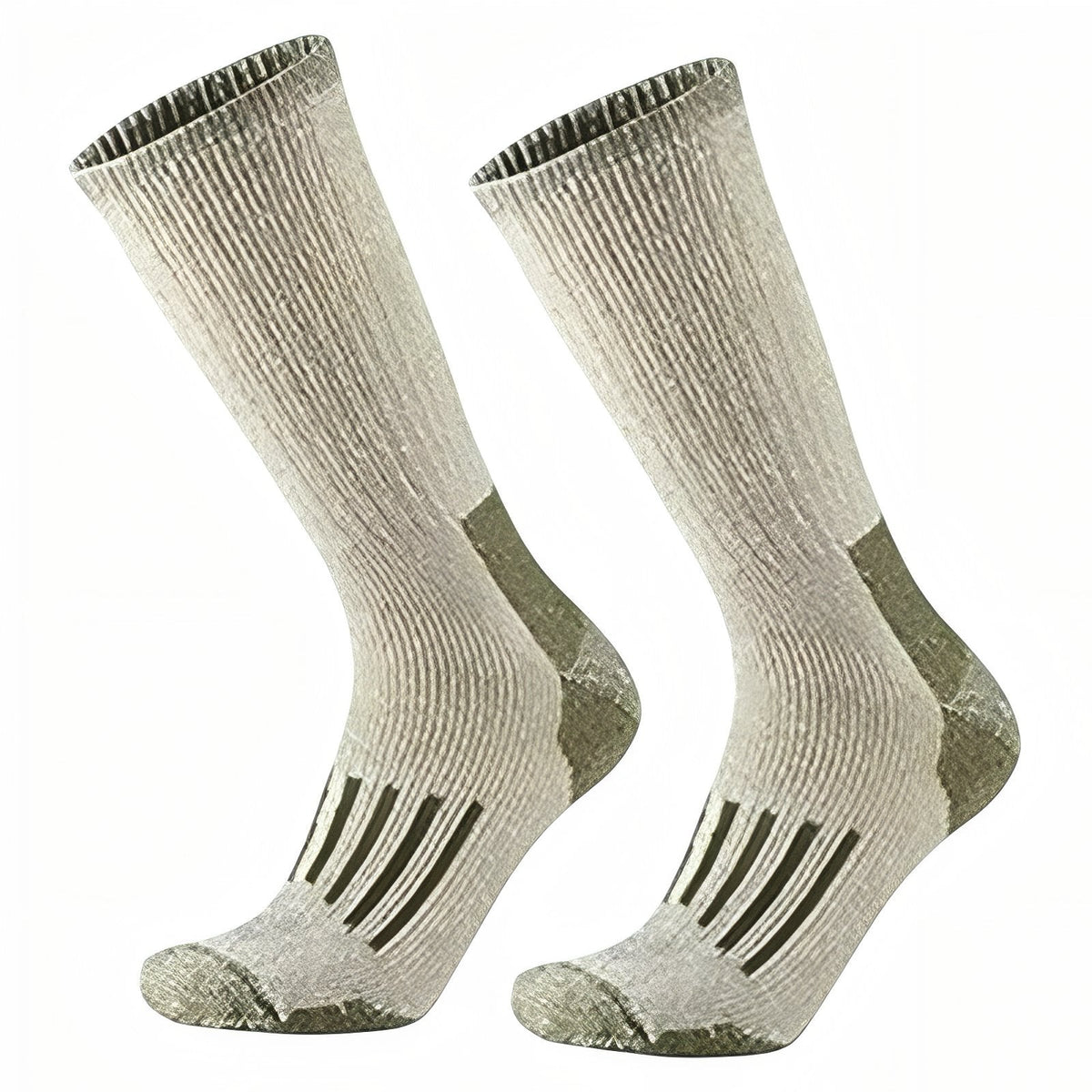 Pair of beige merino hiking socks with an olive green heel, toe and instep stripes