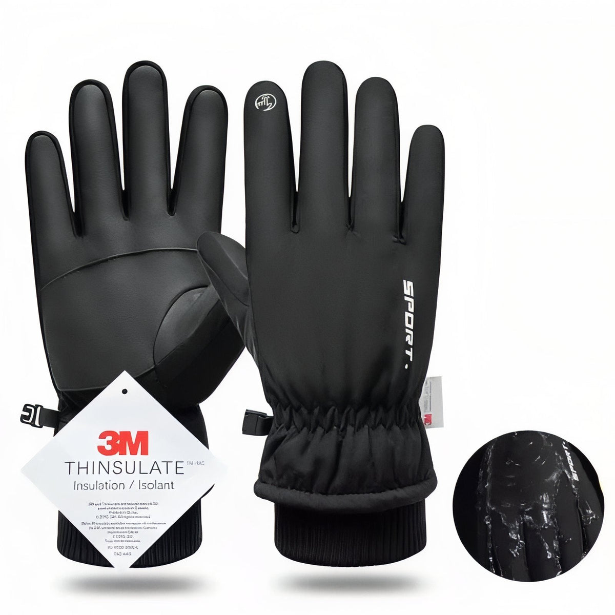 Pair of slim black winter gloves without a pocket, with a smooth palm panel and elastic cuffs, and a water-bead close-up inset