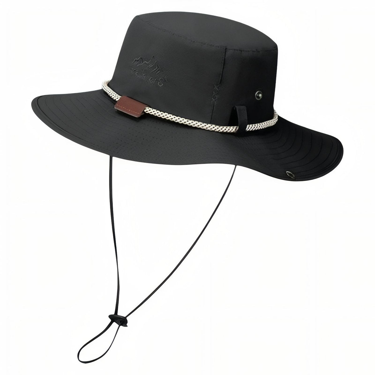 Black wide brim hiking hat with braided cord band and chin strap, on white