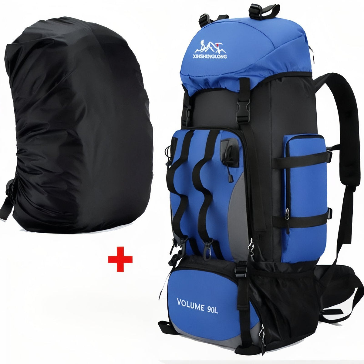 Blue 90 L hiking backpack beside its black pull-over rain cover