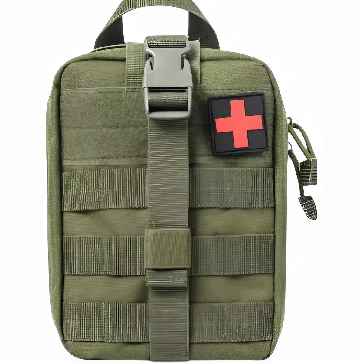 Olive green pouch from the front with MOLLE webbing, a buckle and a square patch on its front panel
