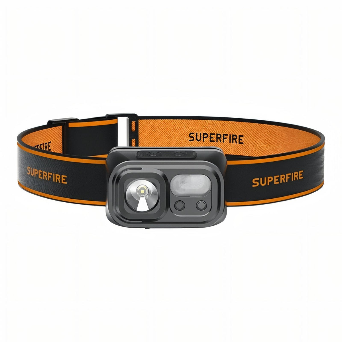 Compact black headlamp with a round main lens and a sensor window, on a black and orange elastic headband