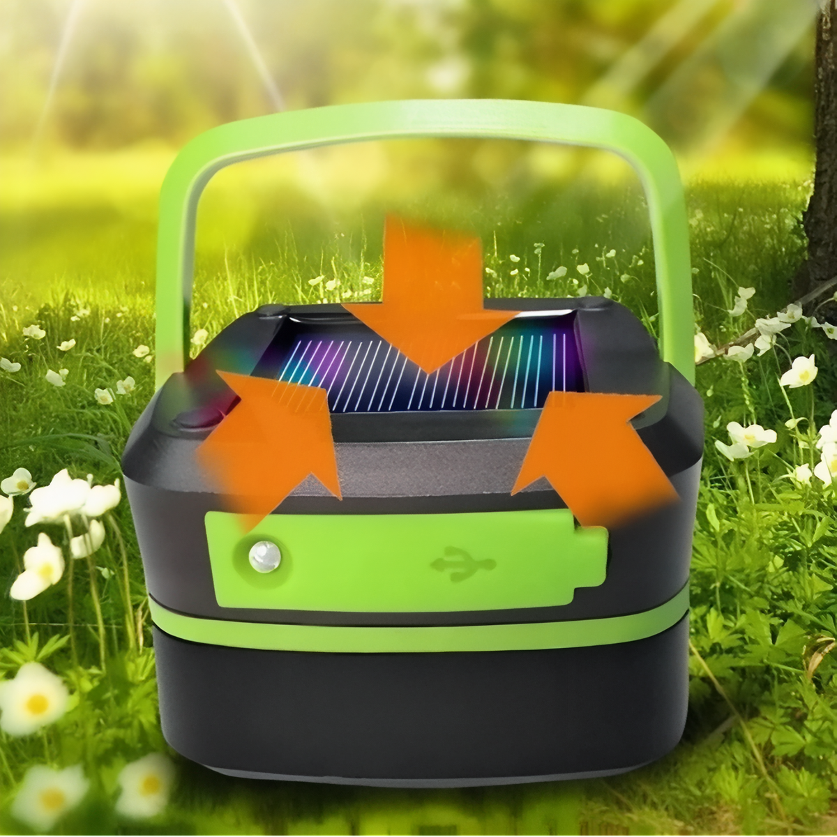 Green and black lantern with arrows showing sunlight charging its solar panel