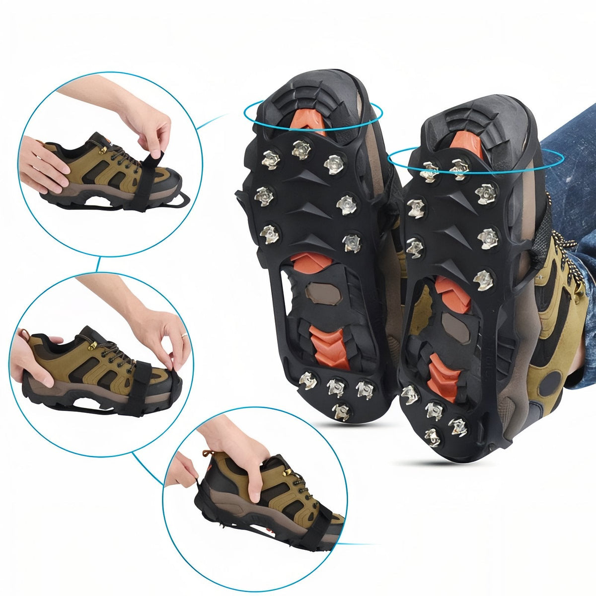 Hands pulling the ice cleat over the toe and heel of a walking shoe and closing the strap
