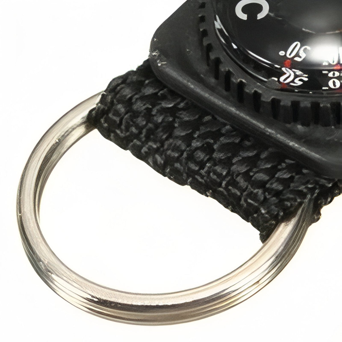 Close-up of the split ring through the webbing loop under the thermometer