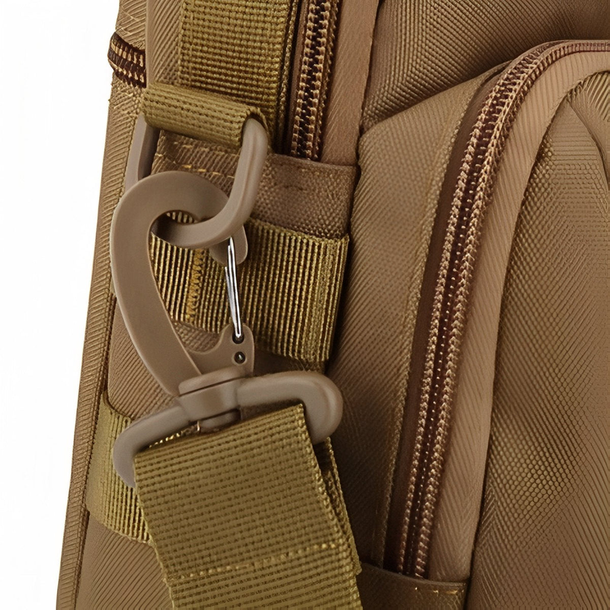 Close-up of the swivel snap hook holding the shoulder strap