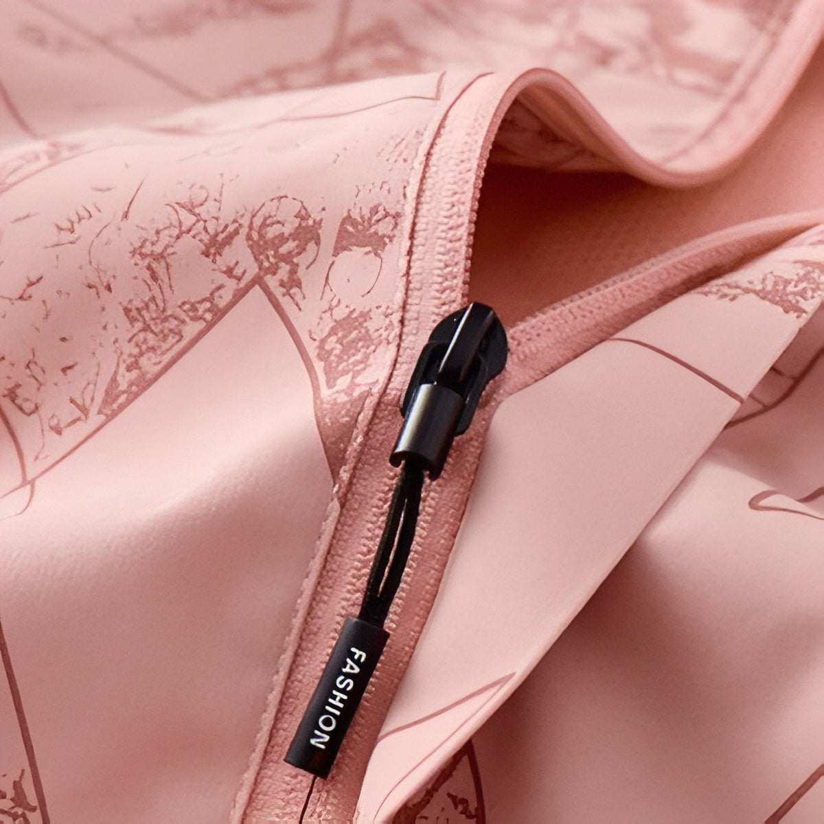 Close-up of a zipped pocket on the pink geometric-print jacket