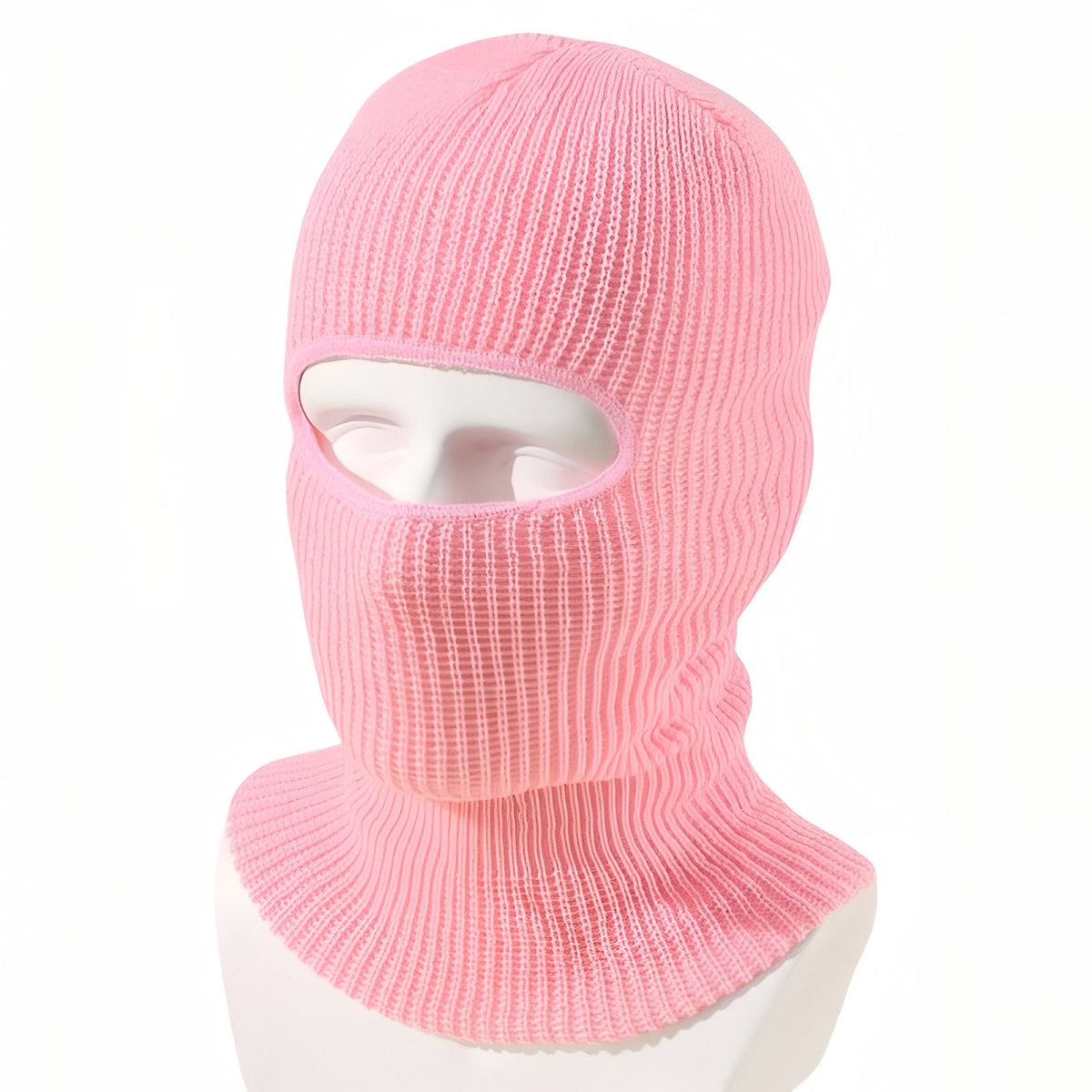 Pink rib-knit winter balaclava on a white mannequin head
