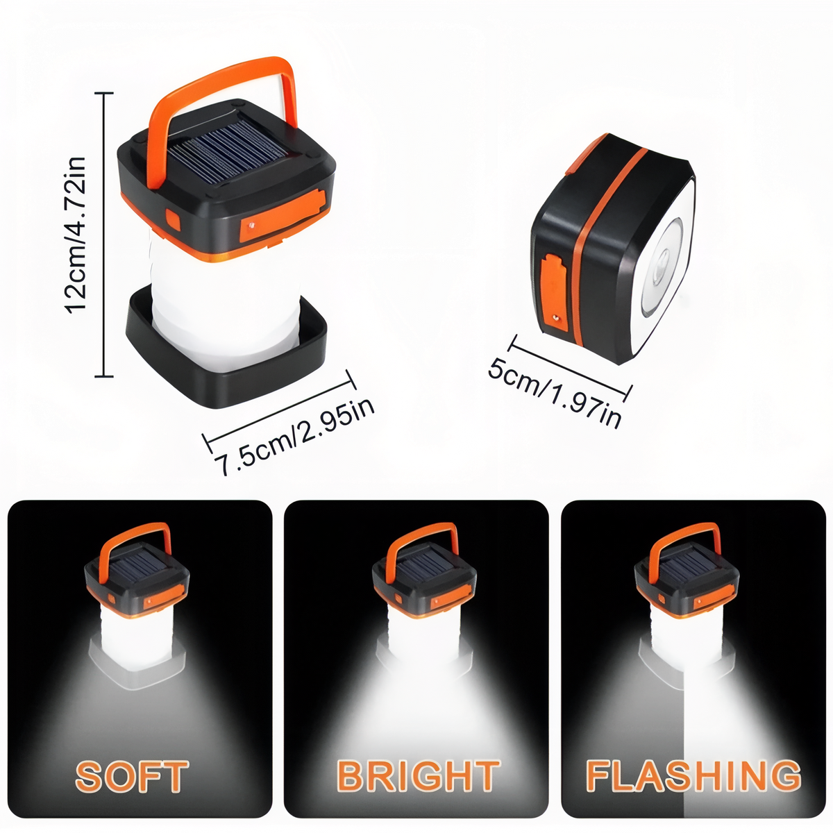 Orange lantern with its open and folded heights and its three light modes shown