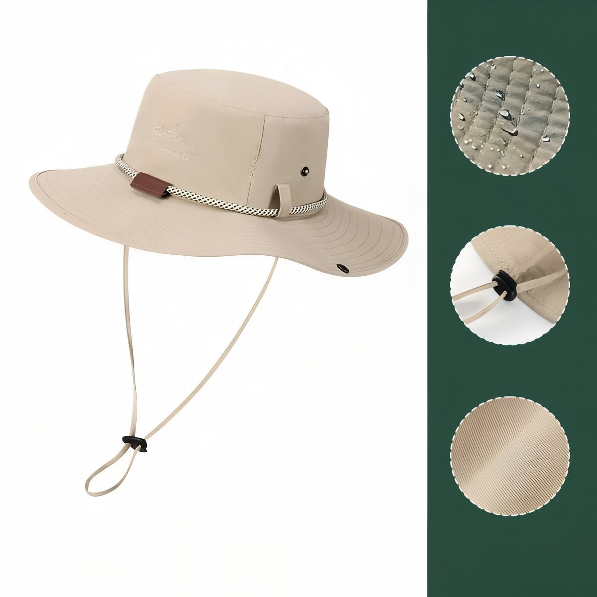 Beige wide brim hiking hat with chin strap, beside close-ups of water beading on the fabric, the cord lock and the weave