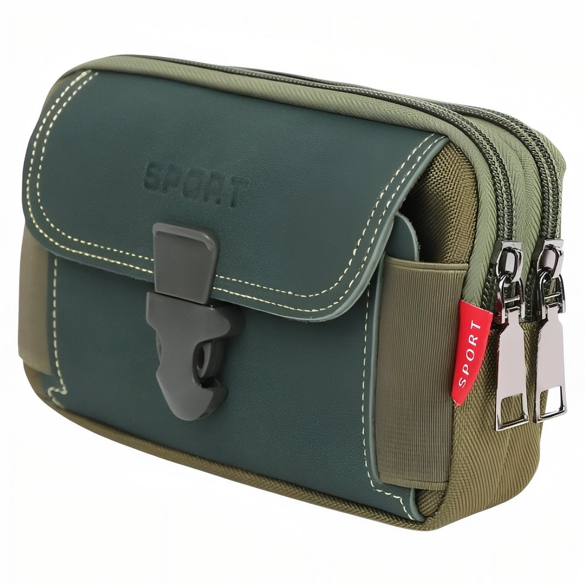 Olive green horizontal belt pouch with a clip-buckle flap and two zips