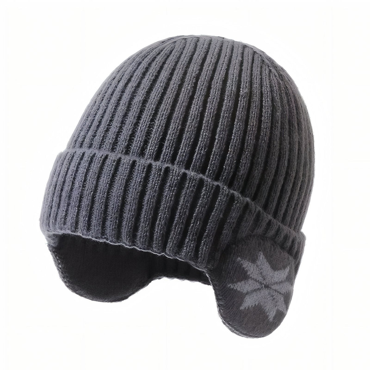 Grey ribbed knit beanie with a turn-up cuff and ear flaps knitted with a light grey snowflake