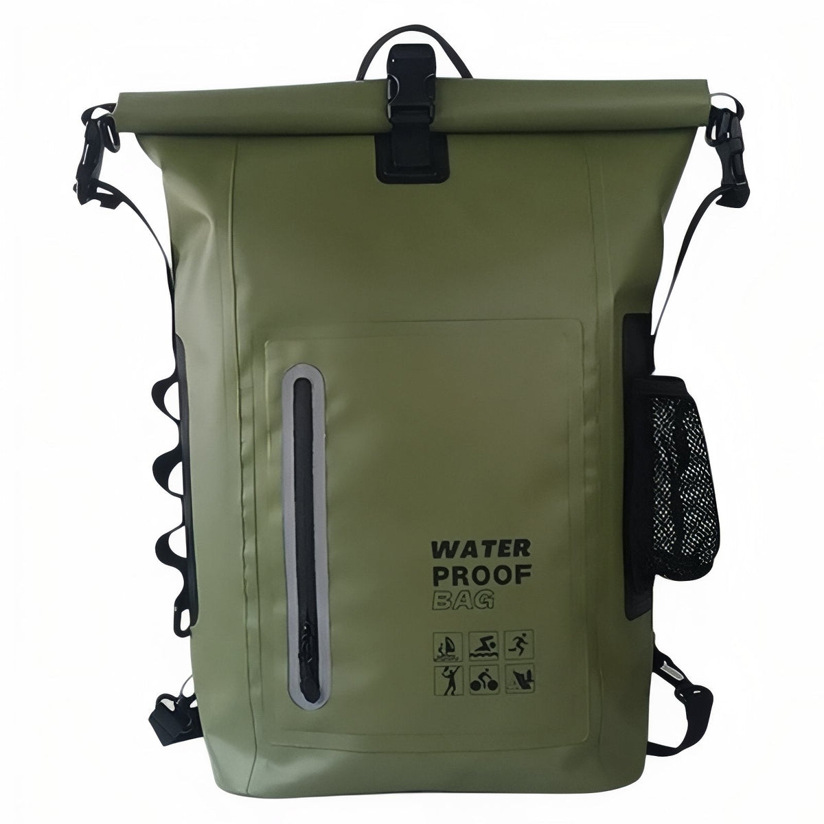 Olive green 30 L roll-top PVC backpack from the front with vertical zip pocket and side mesh pocket
