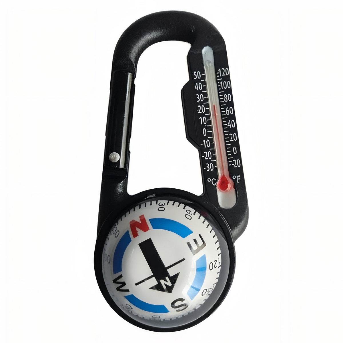 Compass carabiner with a white compass dial and blue markings, thermometer beside it