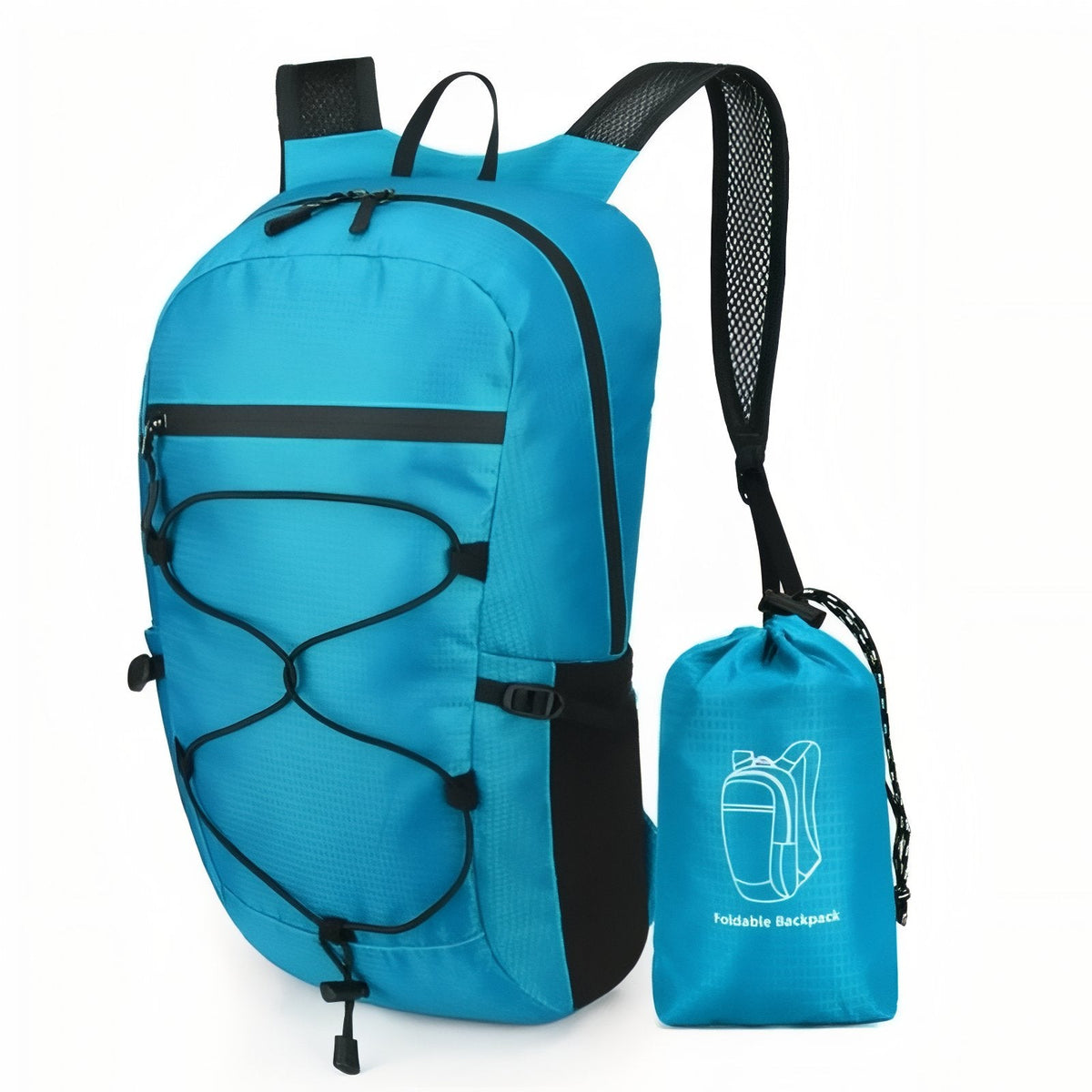 Sky blue packable daypack with a black bungee cord, beside its matching stuff pouch