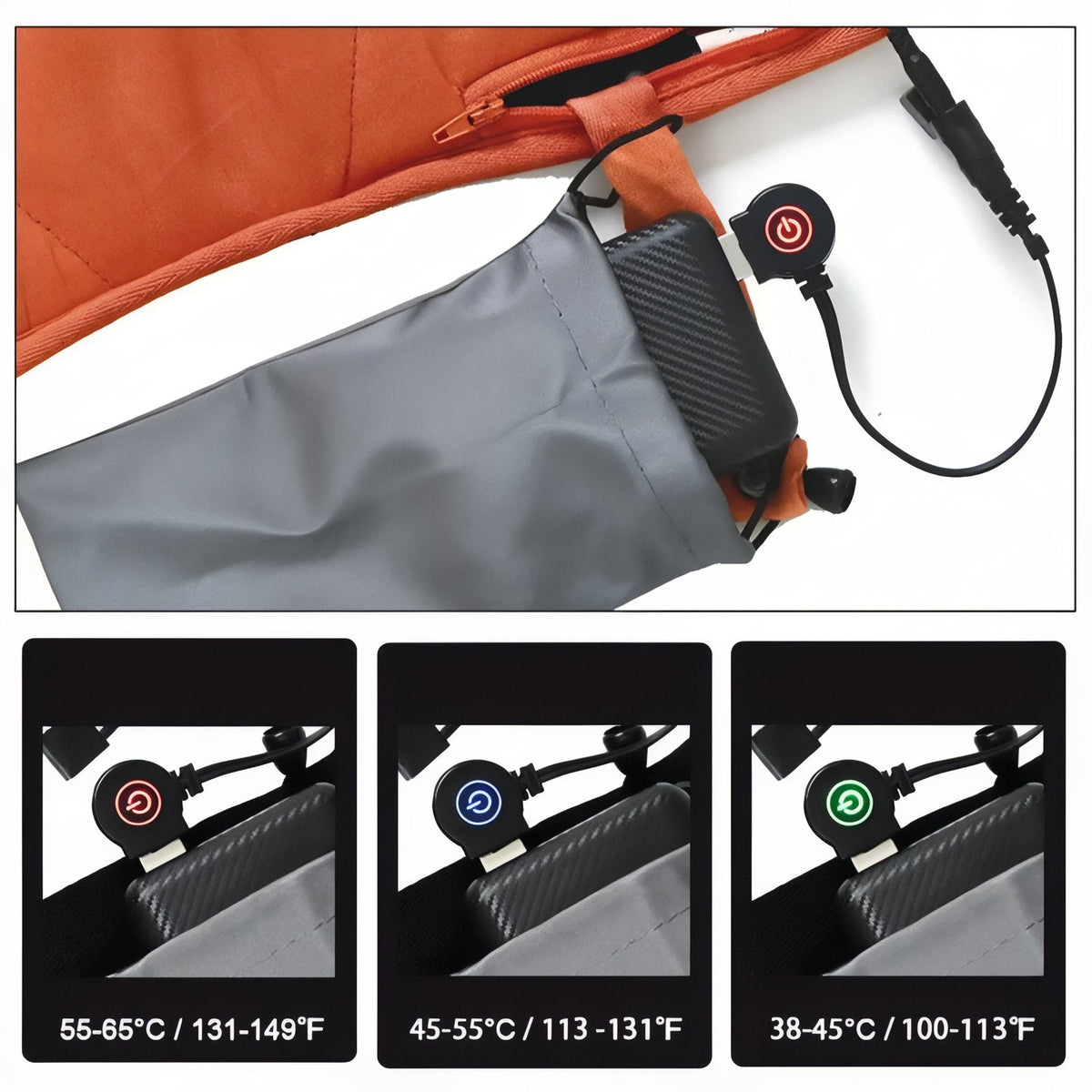 Power bank in the zipped side pocket with the controller button glowing red, blue and green for the three heat levels