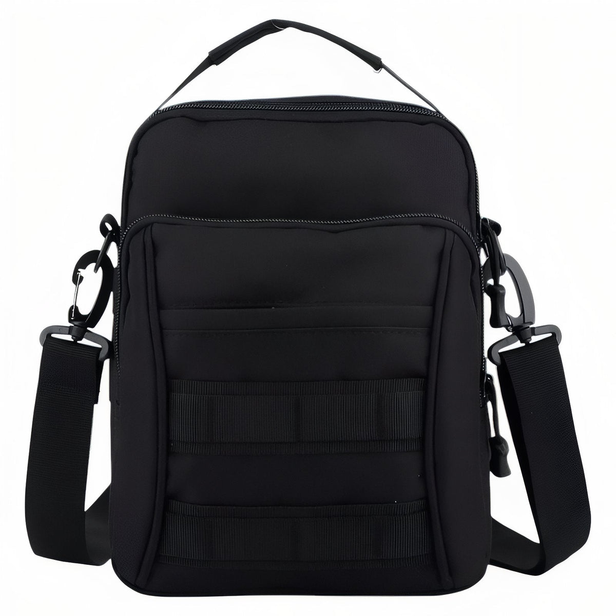 Black tactical shoulder bag with a carry handle, zipped front pocket, two webbing bands and a shoulder strap, front view