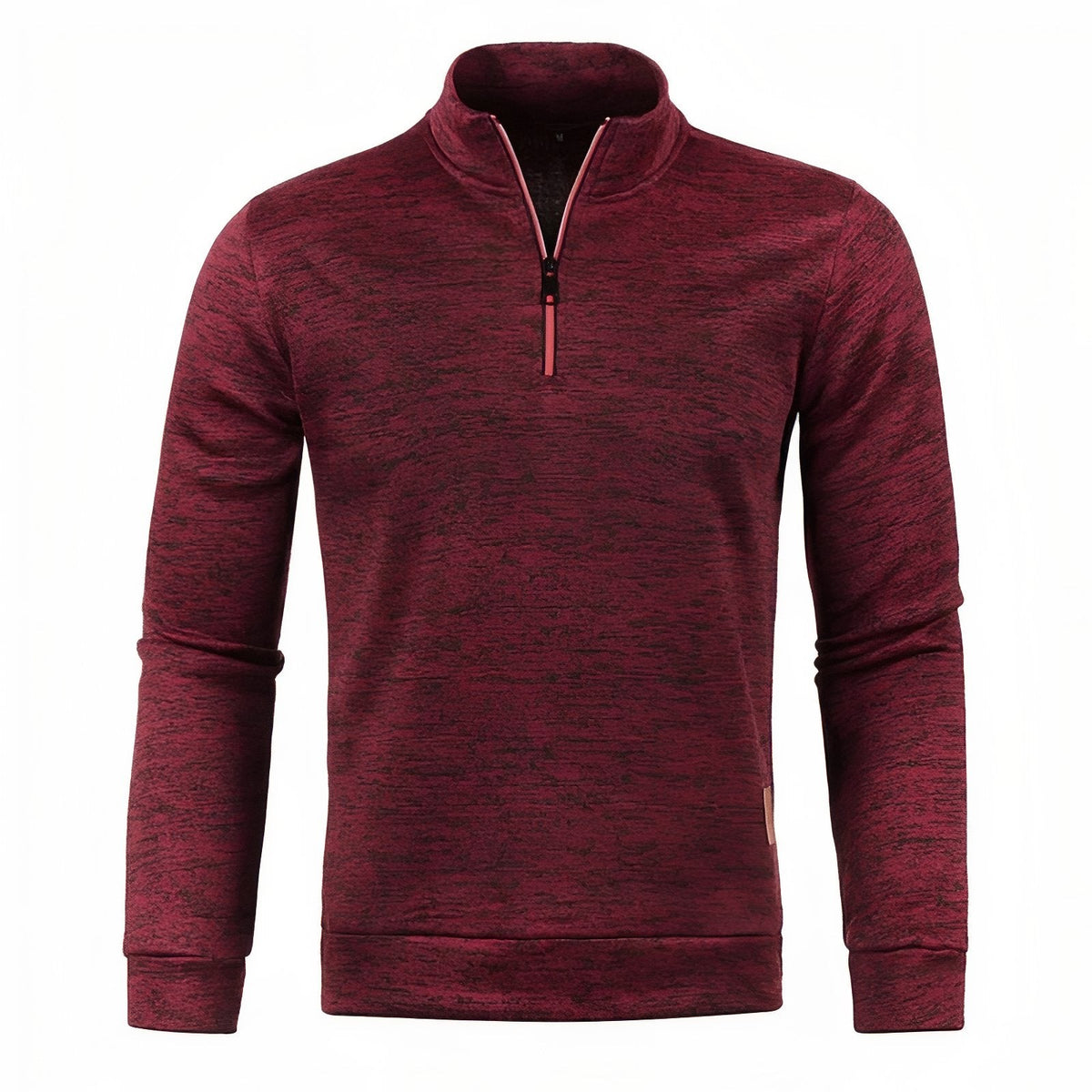 Wine red men's quarter-zip pullover with a stand collar and a small tan tab at the hem, front view